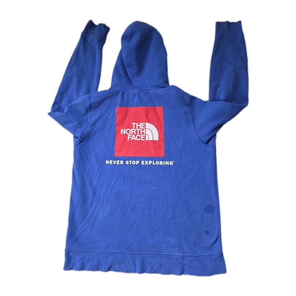 The North Face Blue Logo Pullover Hoodie Never Stop Exploring Mens L GUC